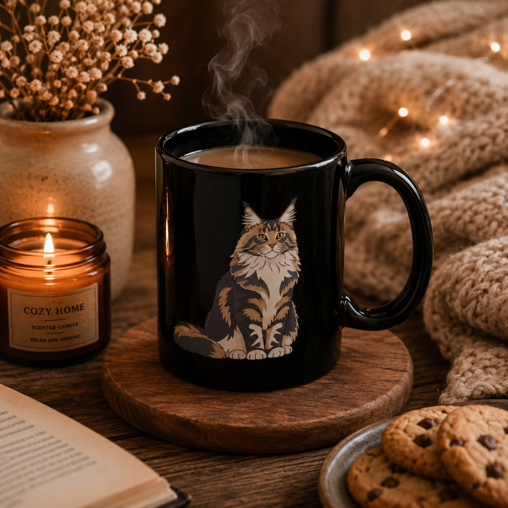 Maine Coon cat black mug styled with candle, dried flowers, cookies, and cozy knit blanket