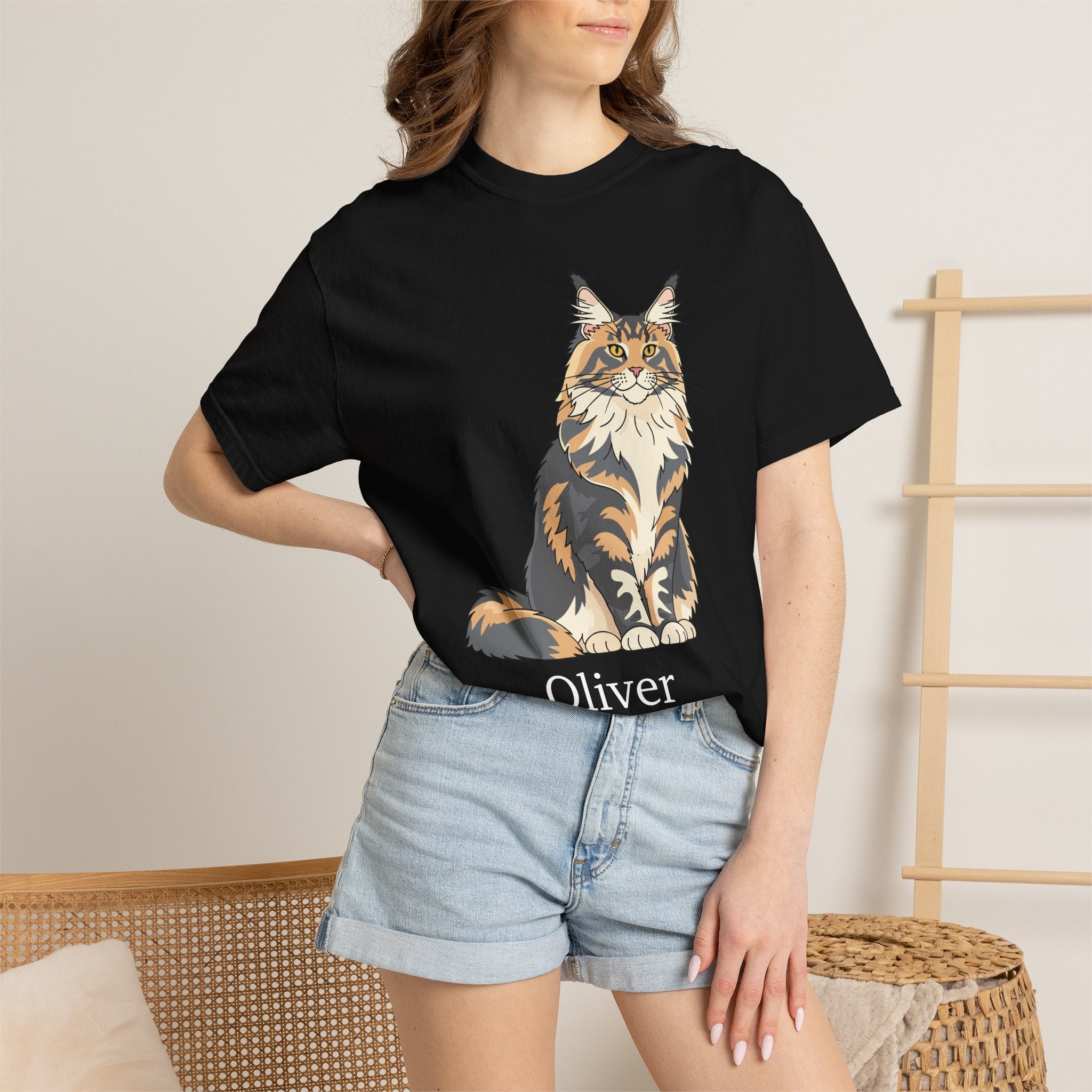 Woman wearing personalised Maine Coon cat T-shirt - lifestyle photo