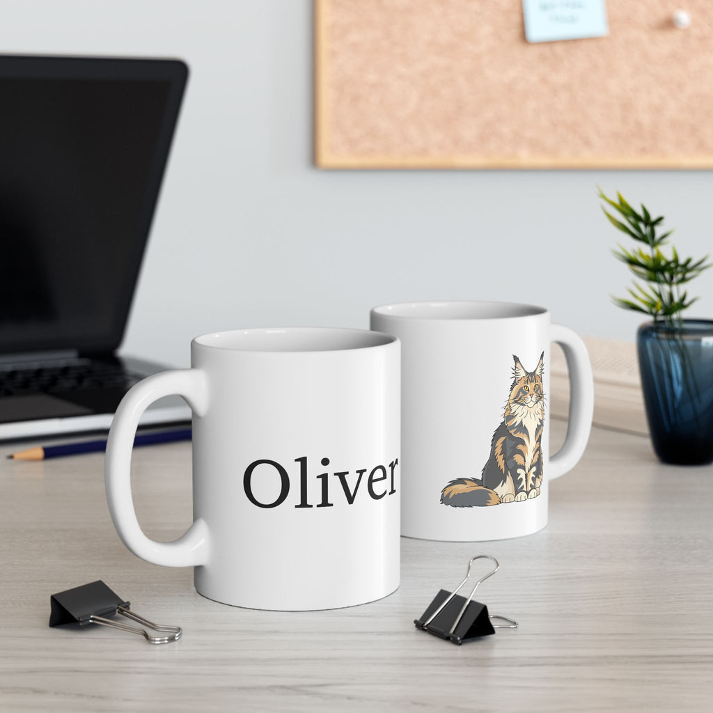 Personalised Maine Coon cat coffee mug on desk - lifestyle photo