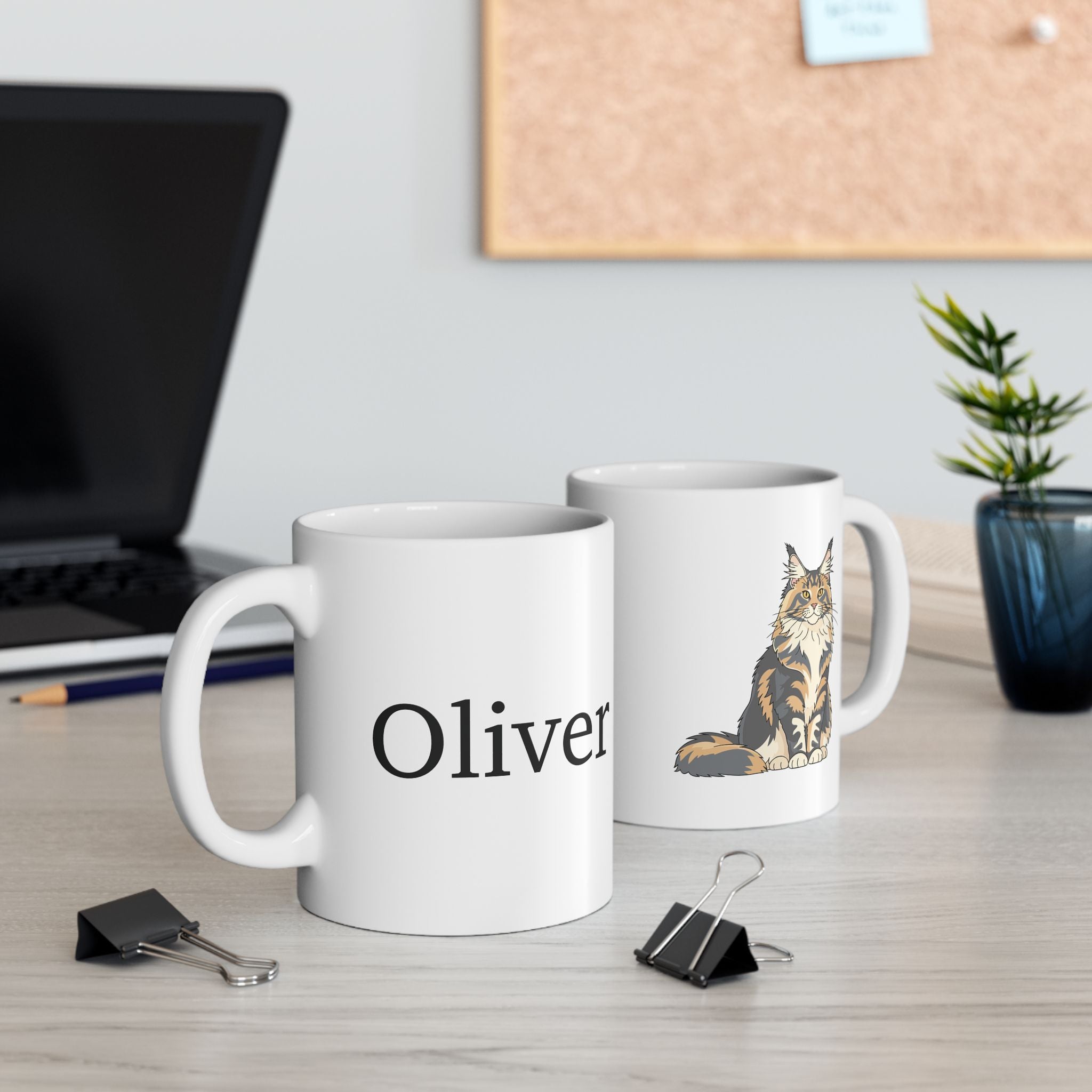 Personalised Maine Coon cat coffee mug on desk - lifestyle photo
