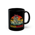 Personalised Mamasaurus black mug with custom name - retro T-Rex design front view