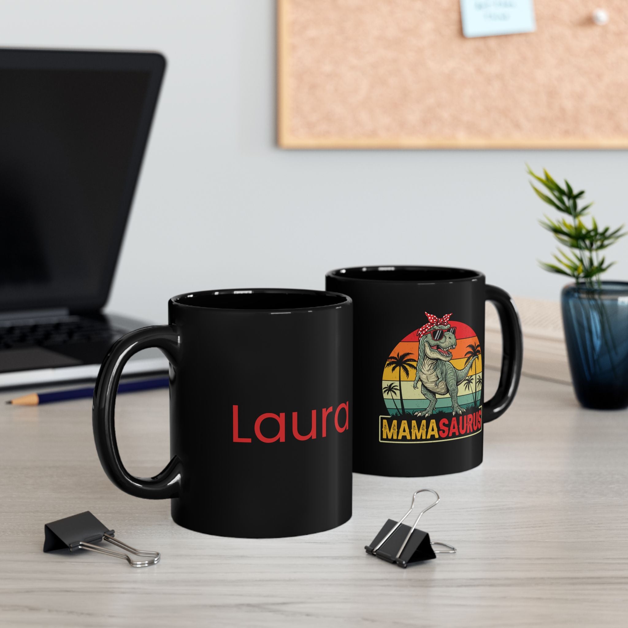 Personalised Mamasaurus black mug on desk - lifestyle photo