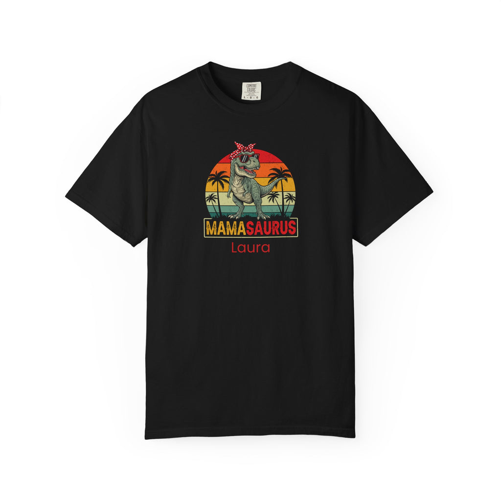 Personalised Mamasaurus T-shirt with custom name - retro T-Rex sunset design front view