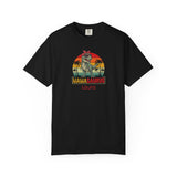 Personalised Mamasaurus T-shirt with custom name - retro T-Rex sunset design front view