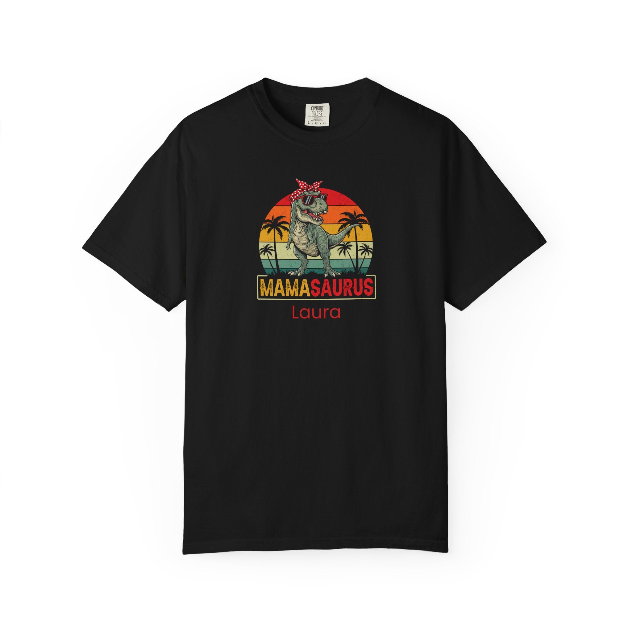Personalised Mamasaurus T-shirt with custom name - retro T-Rex sunset design front view