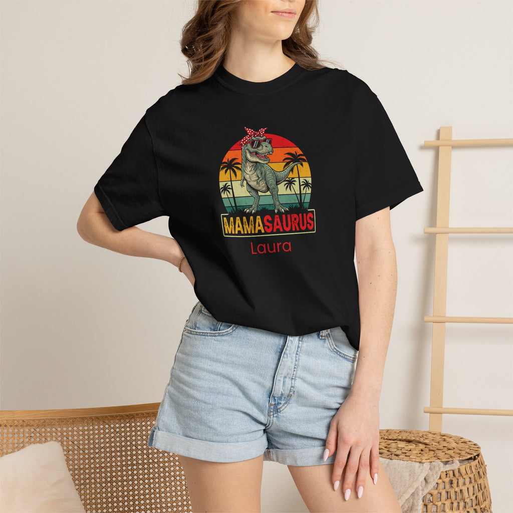 Woman wearing personalised Mamasaurus T-shirt - lifestyle photo