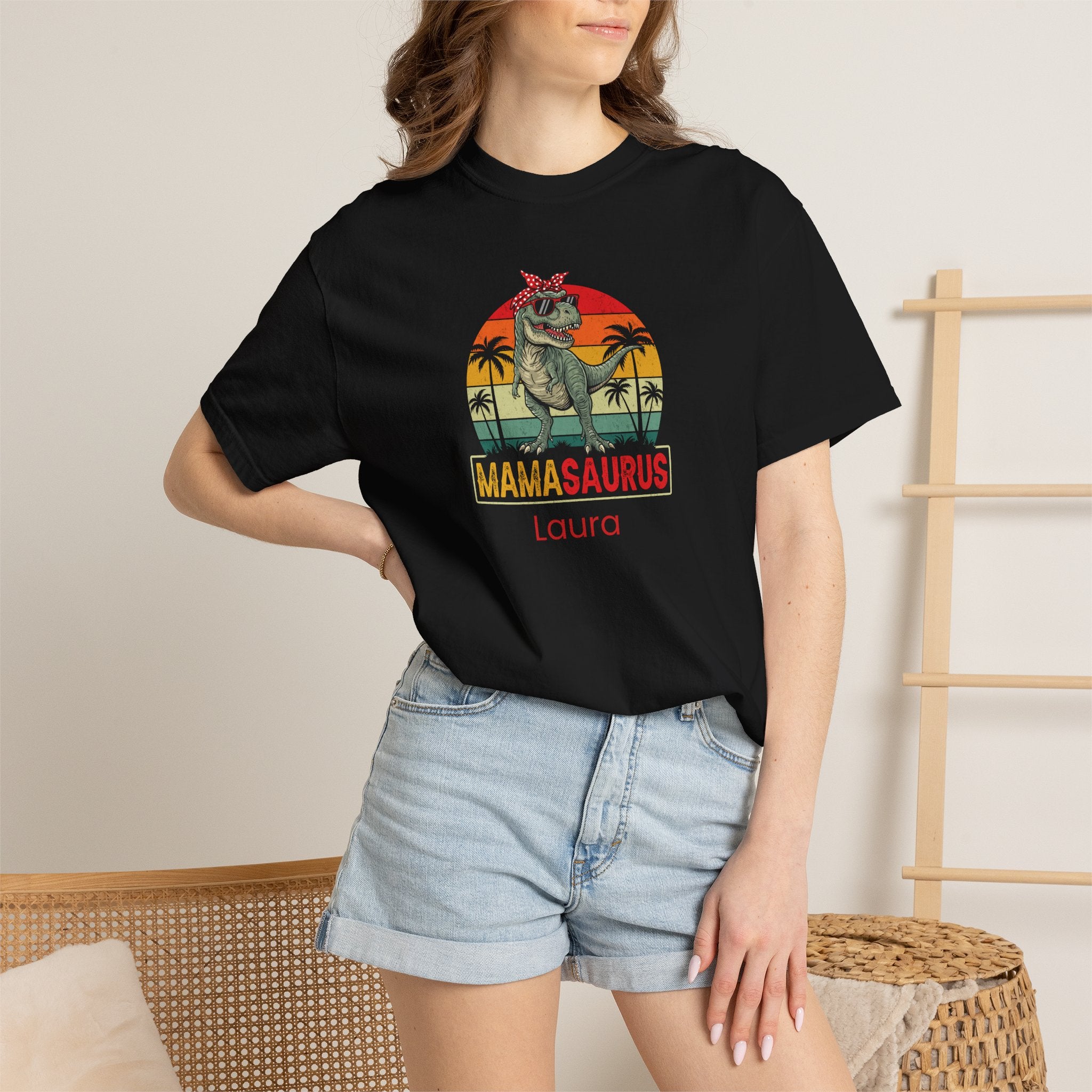 Woman wearing personalised Mamasaurus T-shirt - lifestyle photo