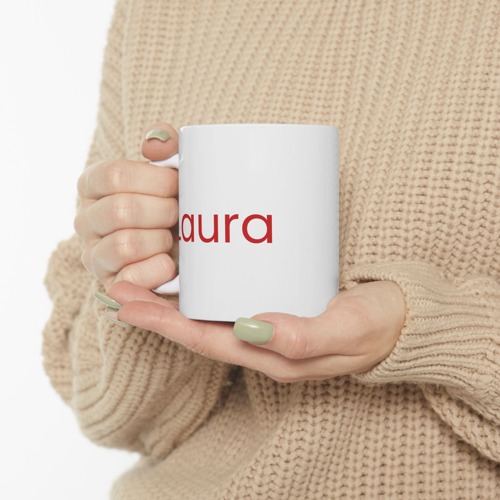 Close-up of Mamasaurus retro T-Rex design on personalised ceramic mug