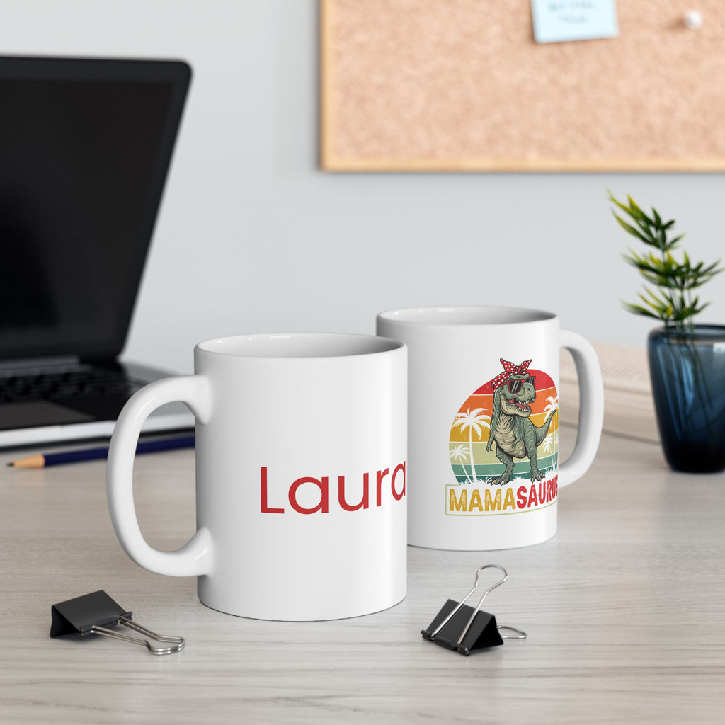 Personalised Mamasaurus coffee mug on desk - lifestyle photo