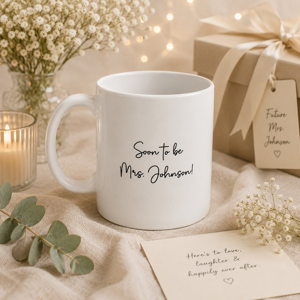 Miss to Mrs mug styled in a home setting