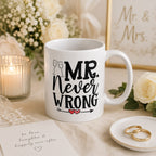 Mr Never Wrong mug shown from a different angle