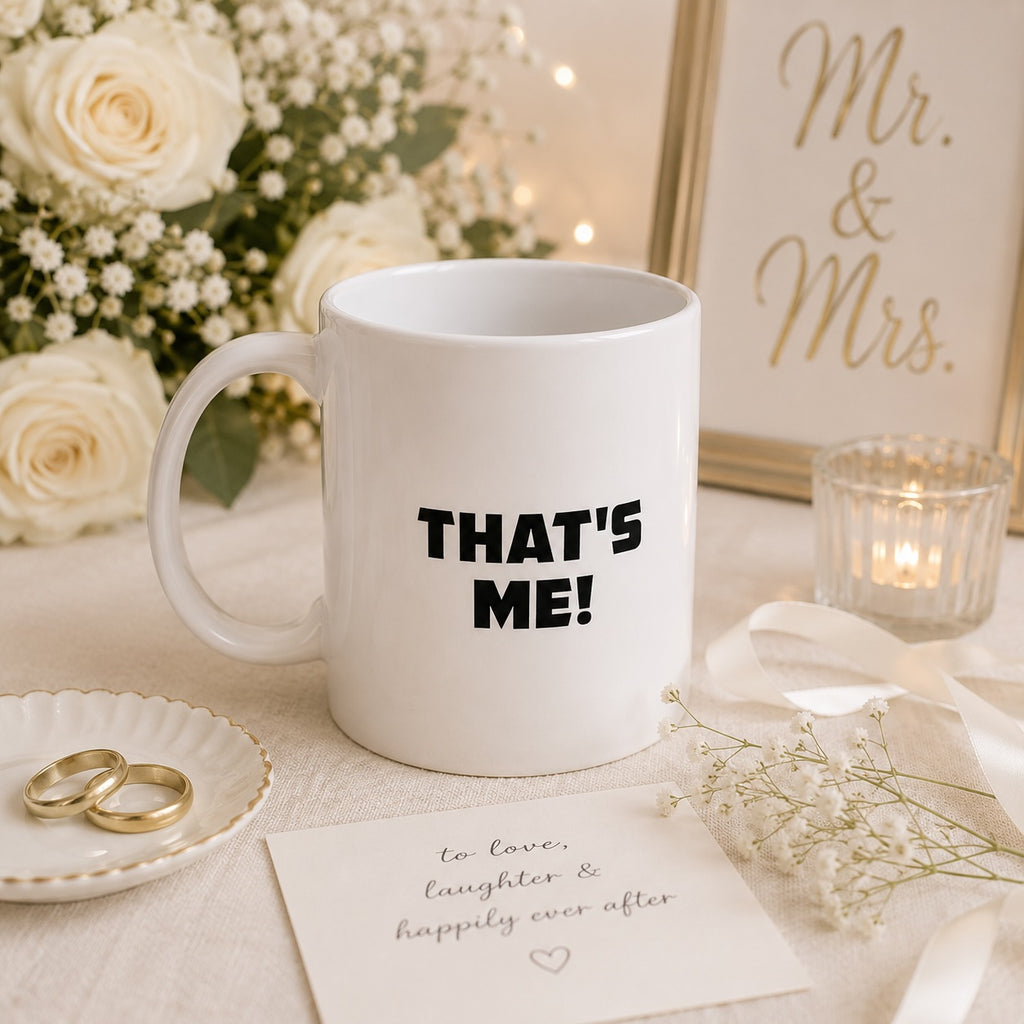 Mr Never Wrong mug styled in a home setting