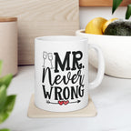 Mr Never Wrong mug held in hand for size reference