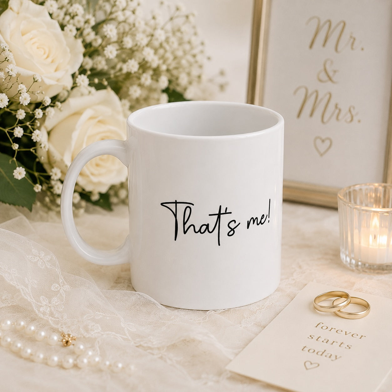 Mrs Always Right mug styled in a home setting