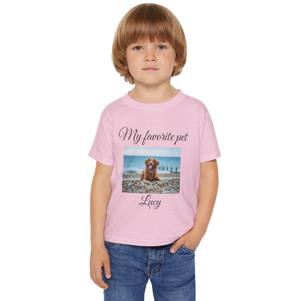Close-up of My Favorite Pet custom pet photo and name on toddler tee