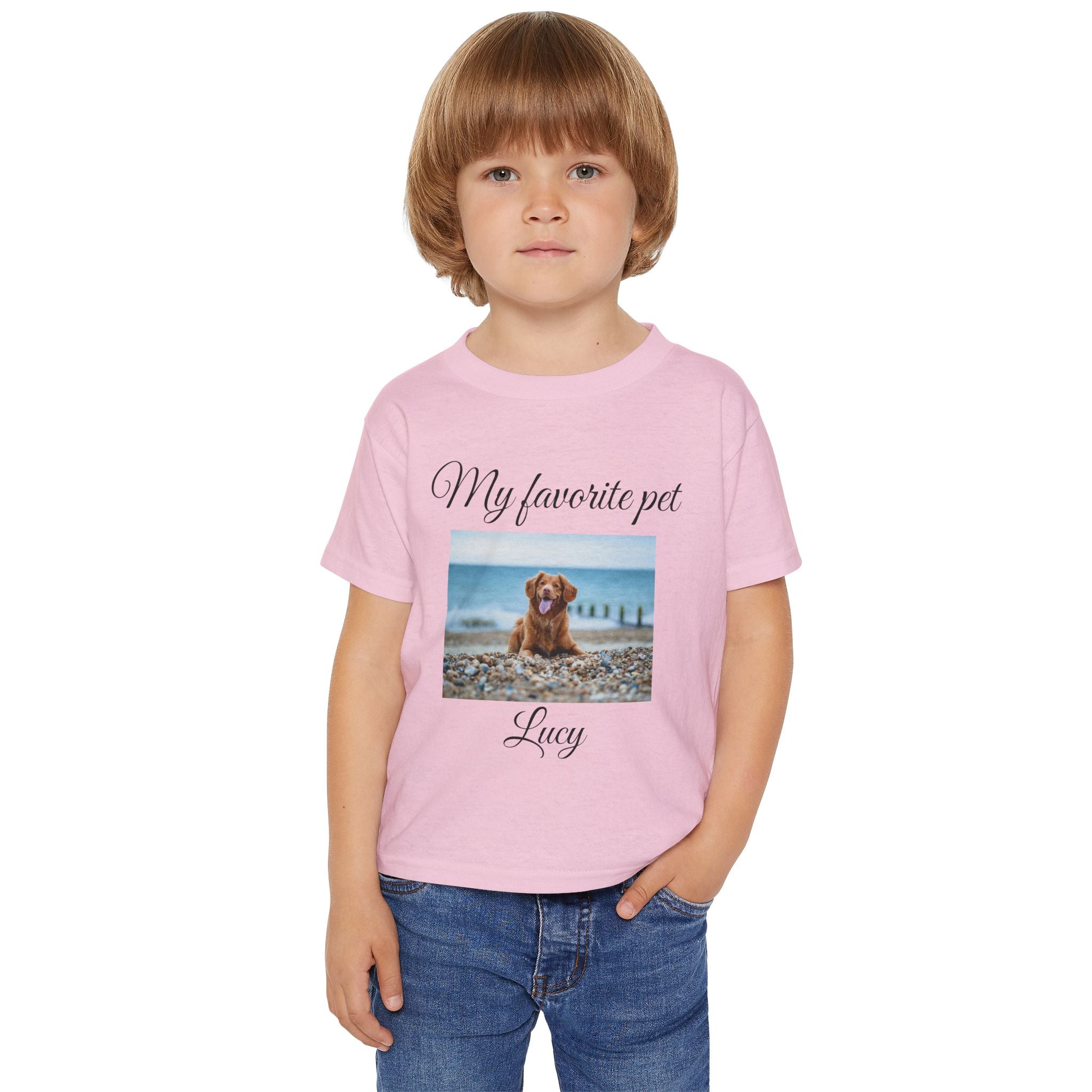 Close-up of My Favorite Pet custom pet photo and name on toddler tee