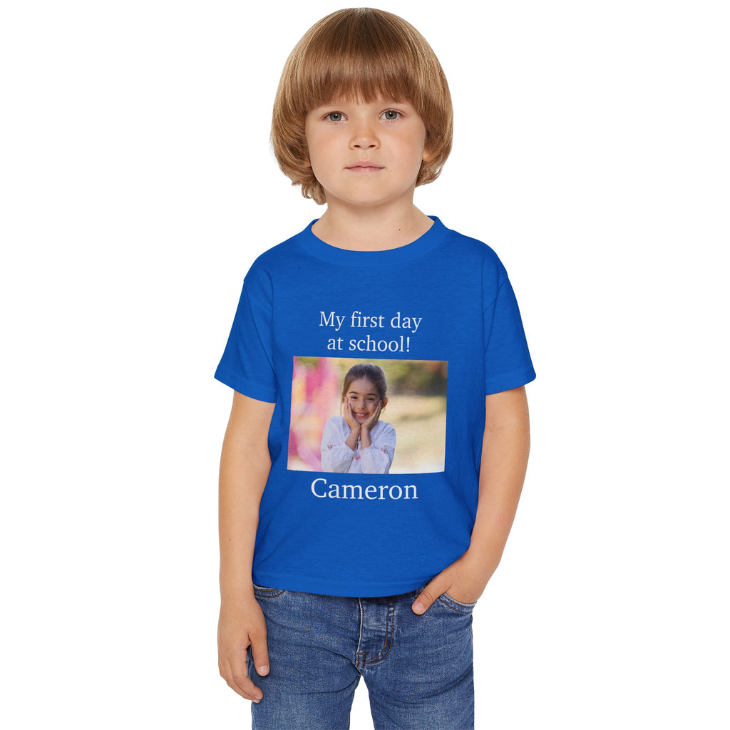 Child wearing personalised My First Day at School photo toddler tee in navy - lifestyle photo