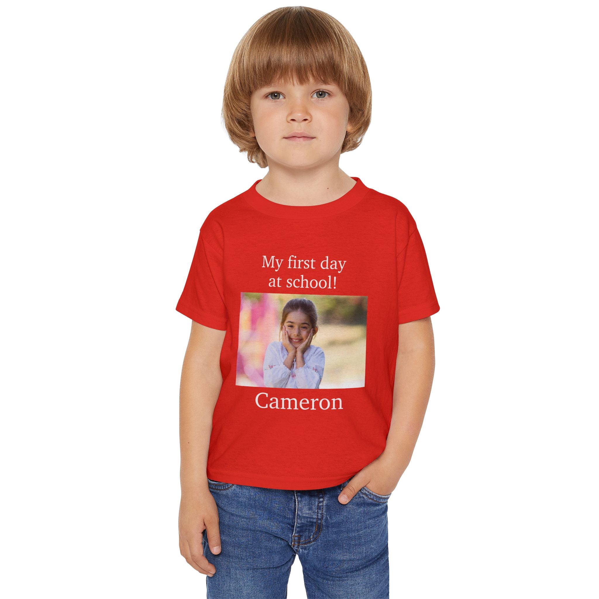 Personalised My First Day at School photo toddler tee dark colours size chart 2T-6T