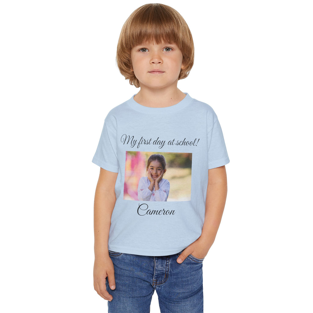 Close-up of My First Day at School custom photo and name on toddler tee