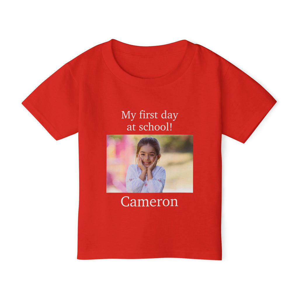 My First Day at School photo toddler tee - red colour with custom name