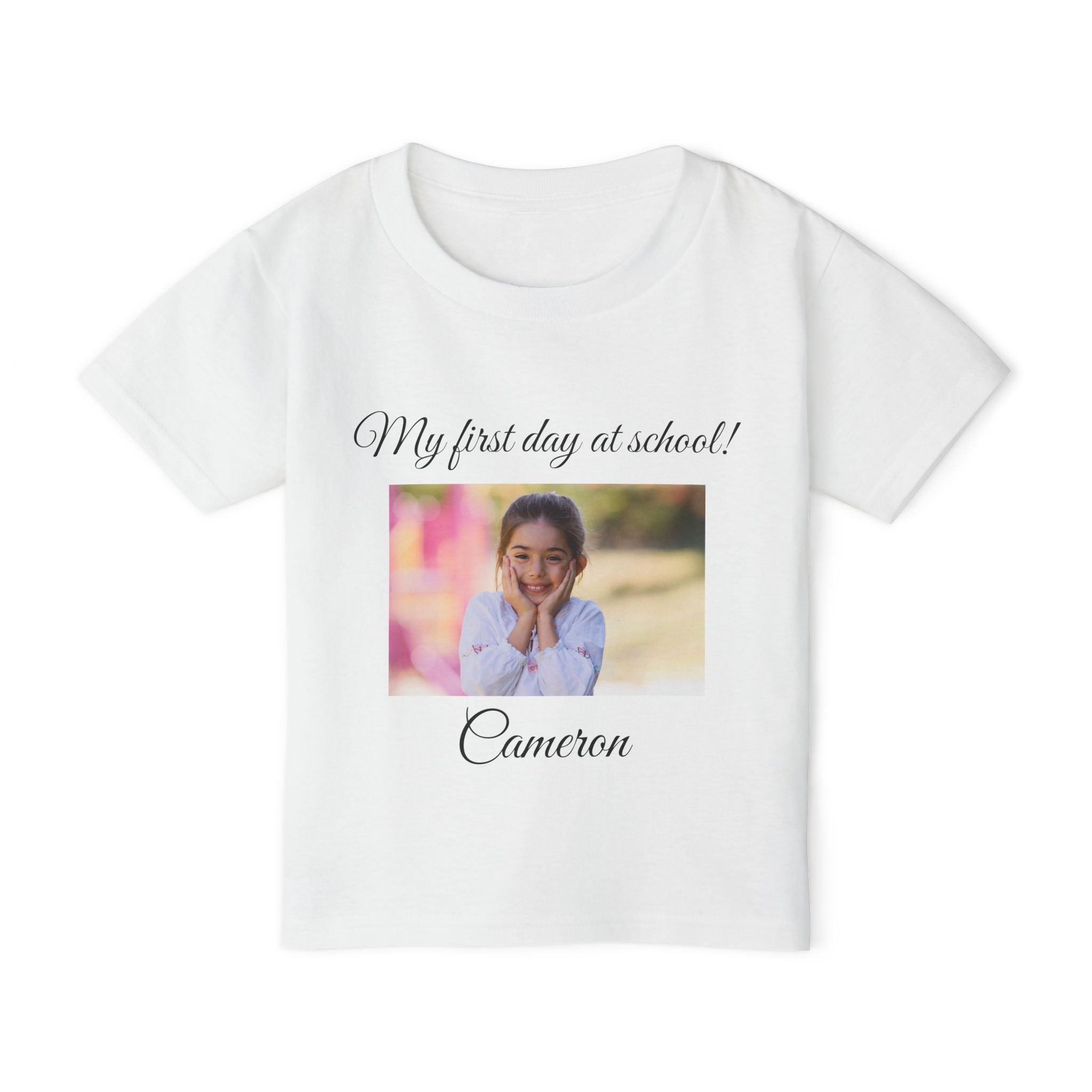 Personalised My First Day at School toddler tee - white colour with custom photo and name front view