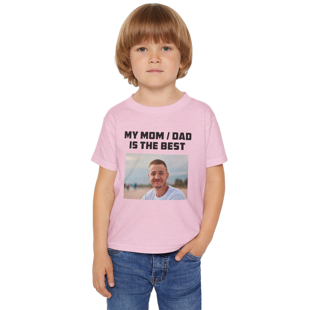 Close-up of My Mom Dad is the Best custom photo design on toddler tee