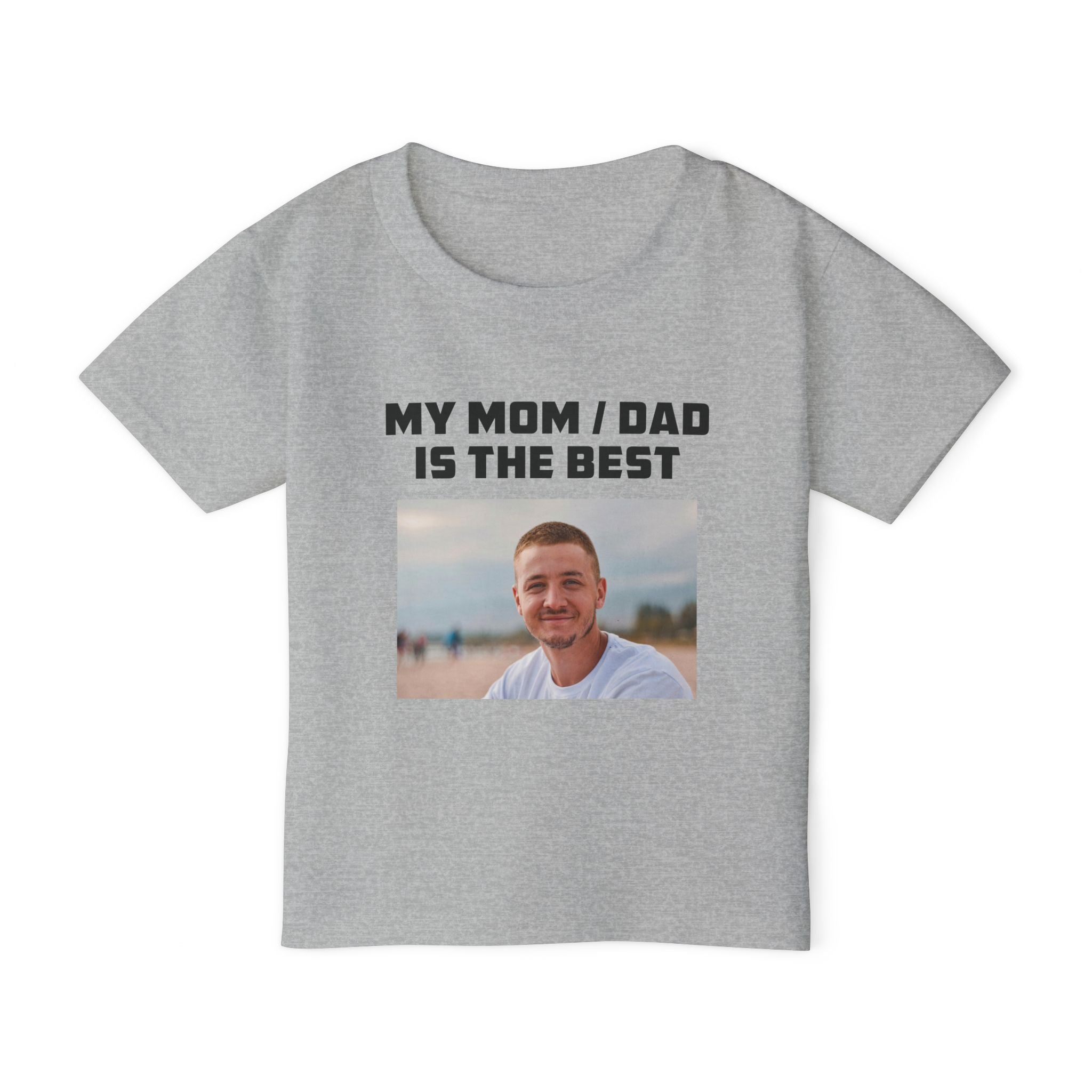 Personalised My Mom Dad is the Best toddler tee - sport grey colour with custom parent photo front view