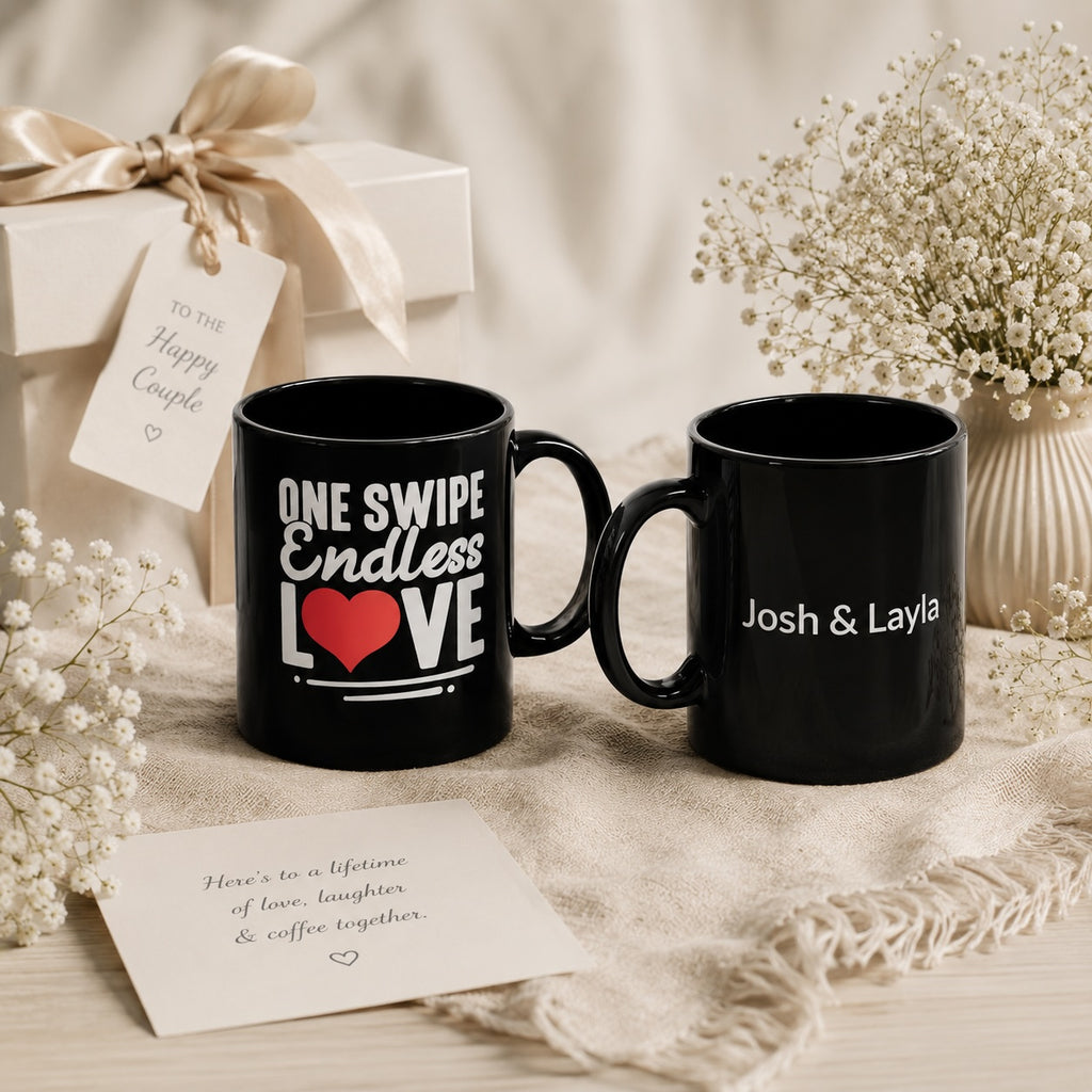 Close-up of red heart and lettering on funny couple mug