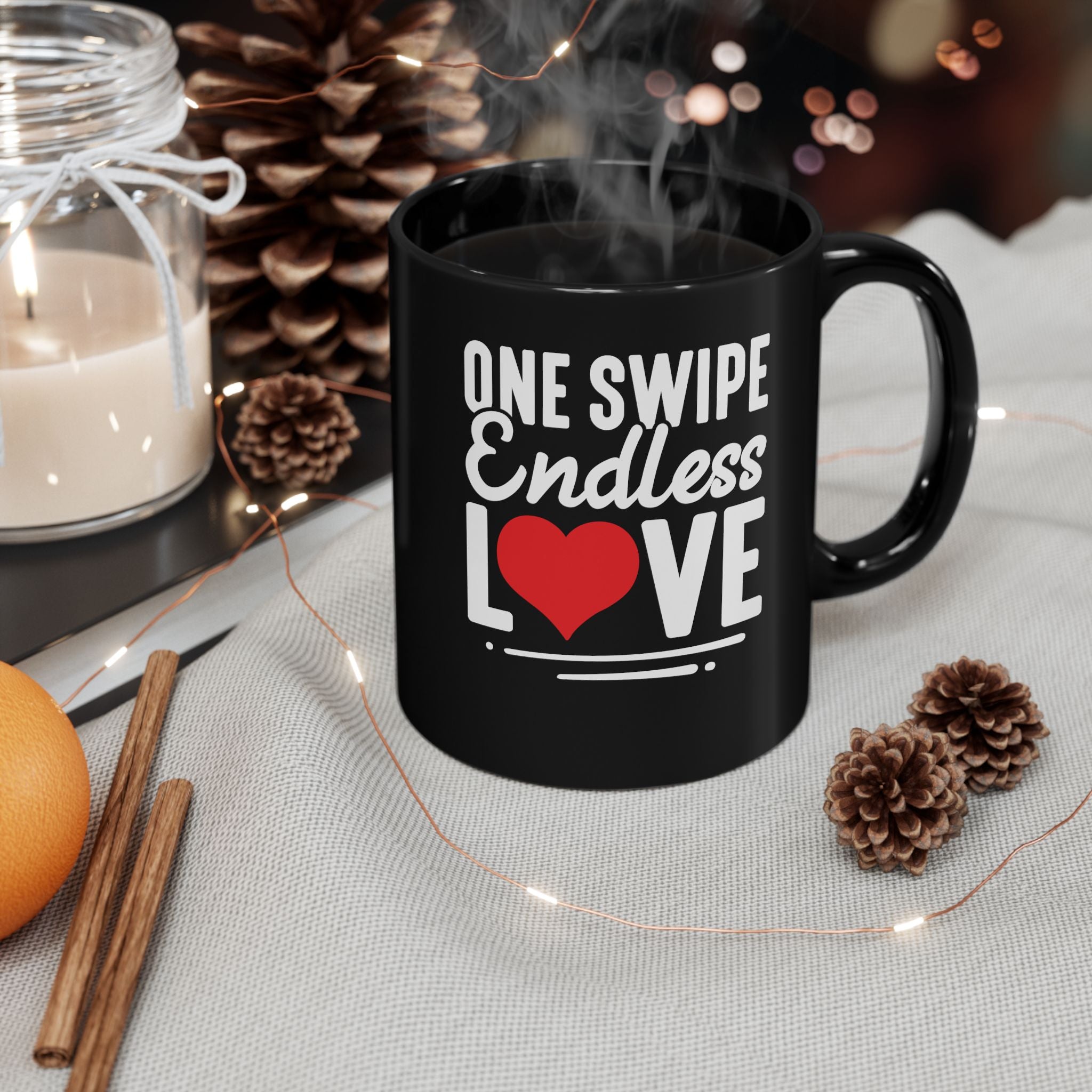 One Swipe Endless Love mug on a kitchen counter