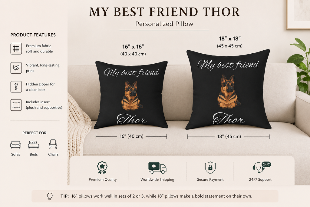 Personalised German Shepherd Pillow – Black Custom Name Dog Cushion