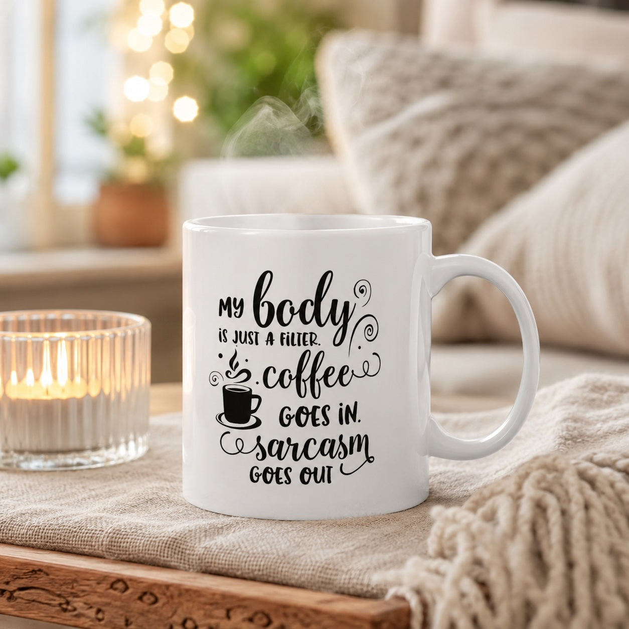 Funny Coffee Mug – Custom Name "Coffee Goes in Sarcasm Goes Out" Mug