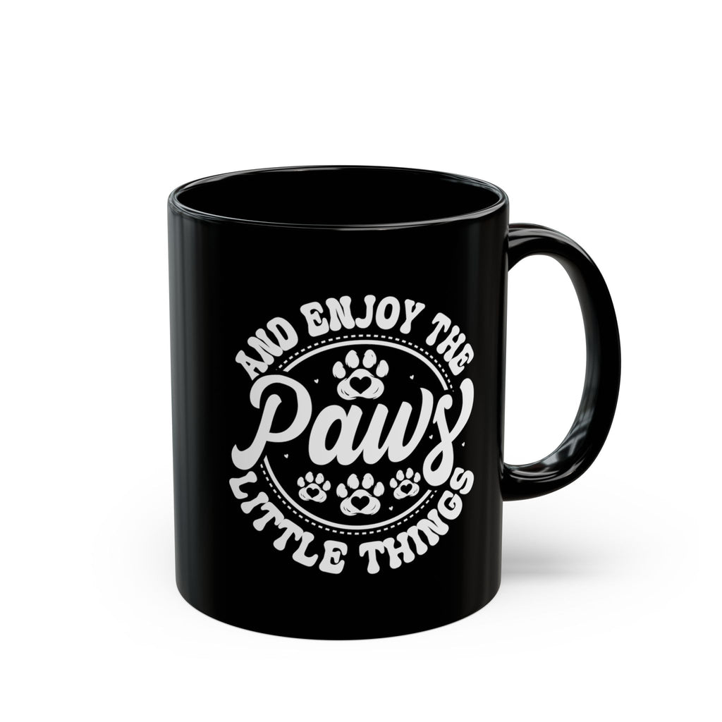 Paws Little Things black mug circular paw print design - front view