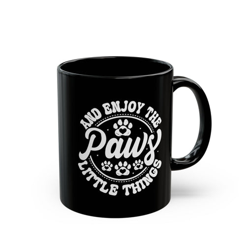 Paws Little Things black mug circular paw print design - front view