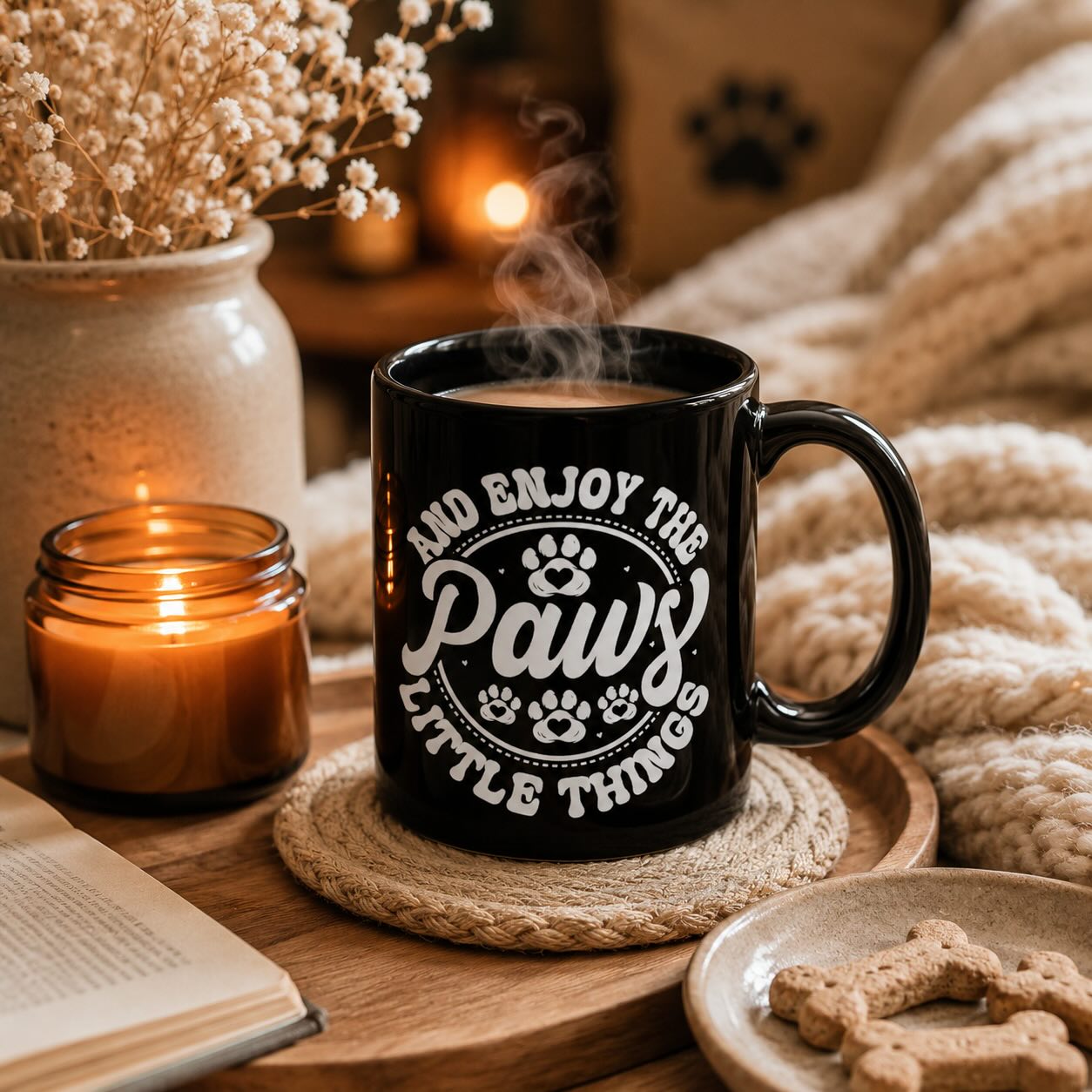 And Enjoy the Paws Little Things black mug styled with candle, dried flowers, book, and dog treats