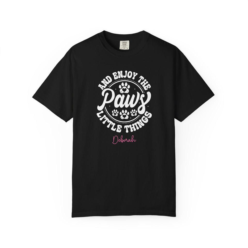 Personalised dog lover T-shirt with custom name - Paws Little Things badge design front view