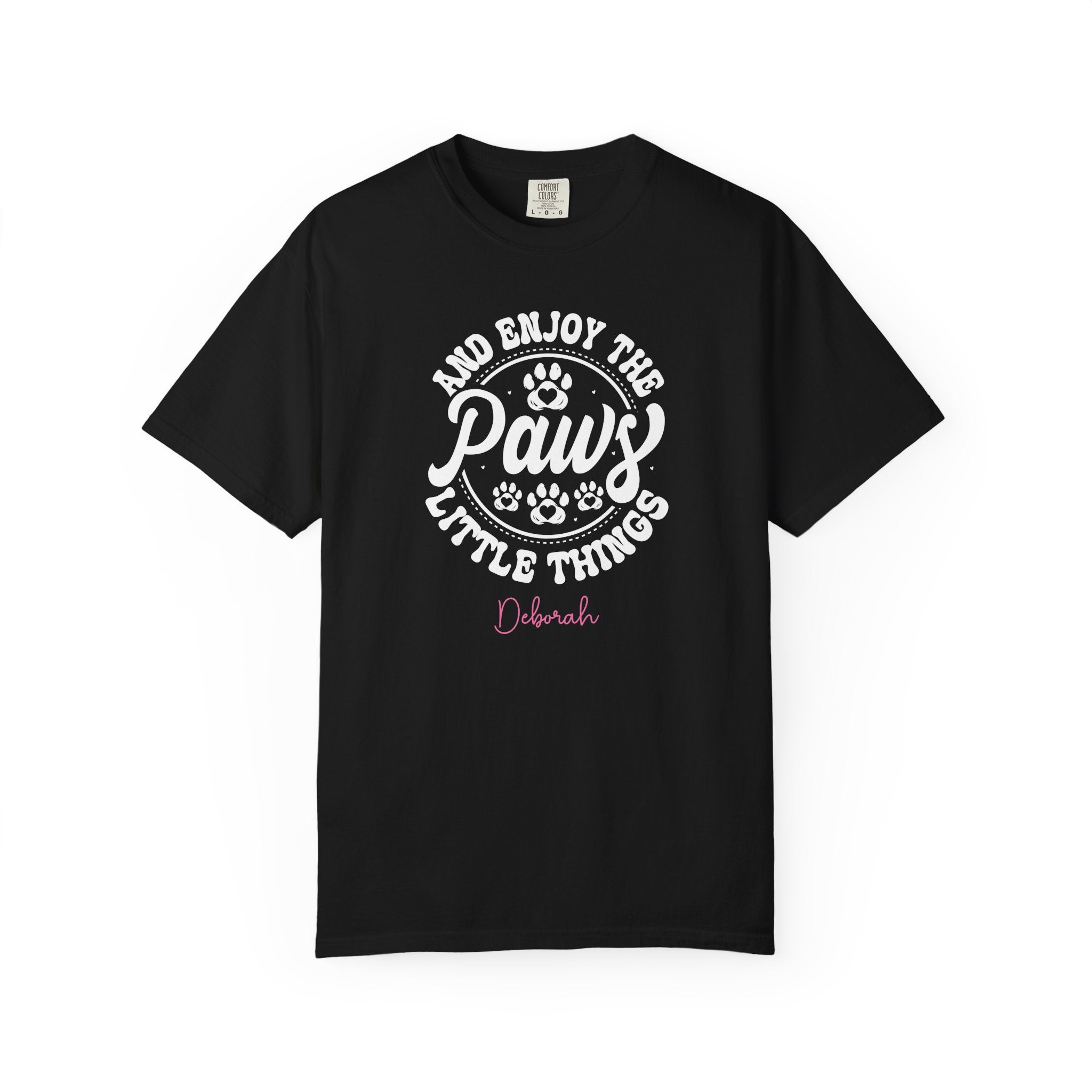 Personalised dog lover T-shirt with custom name - Paws Little Things badge design front view