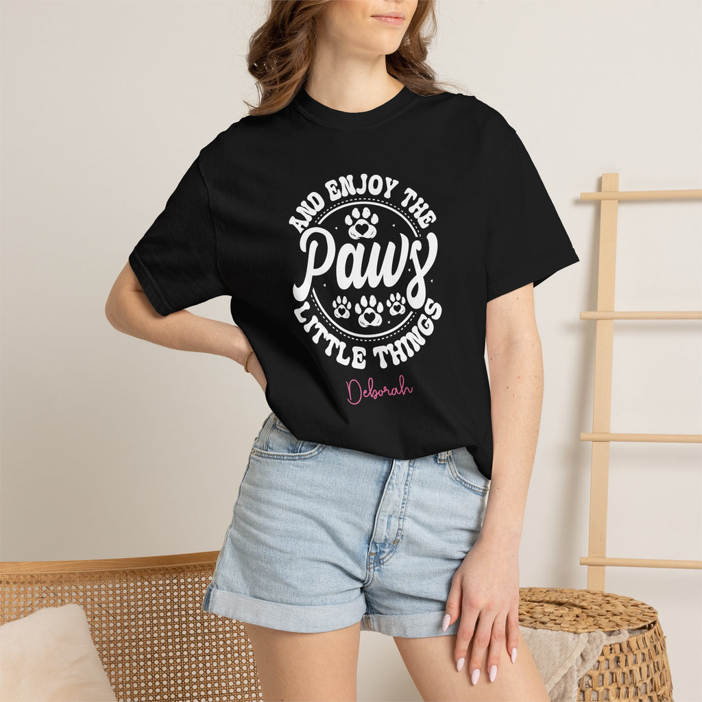 Woman wearing personalised Paws Little Things T-shirt - lifestyle photo
