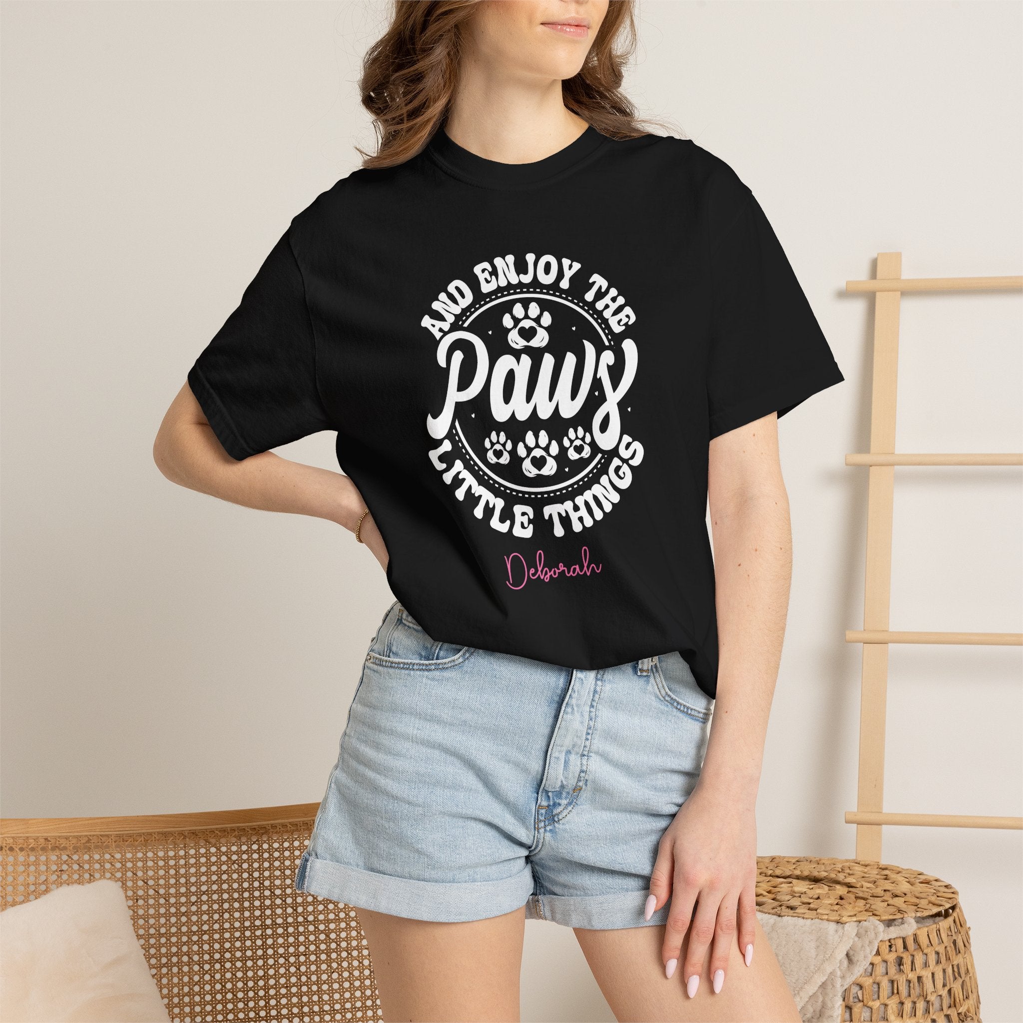 Woman wearing personalised Paws Little Things T-shirt - lifestyle photo