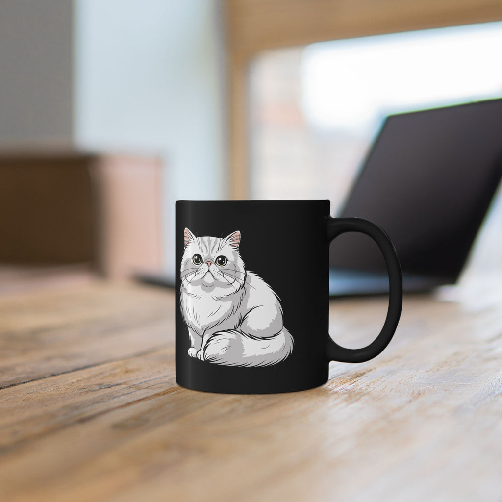 Close-up of Persian cat illustration on personalised black ceramic mug