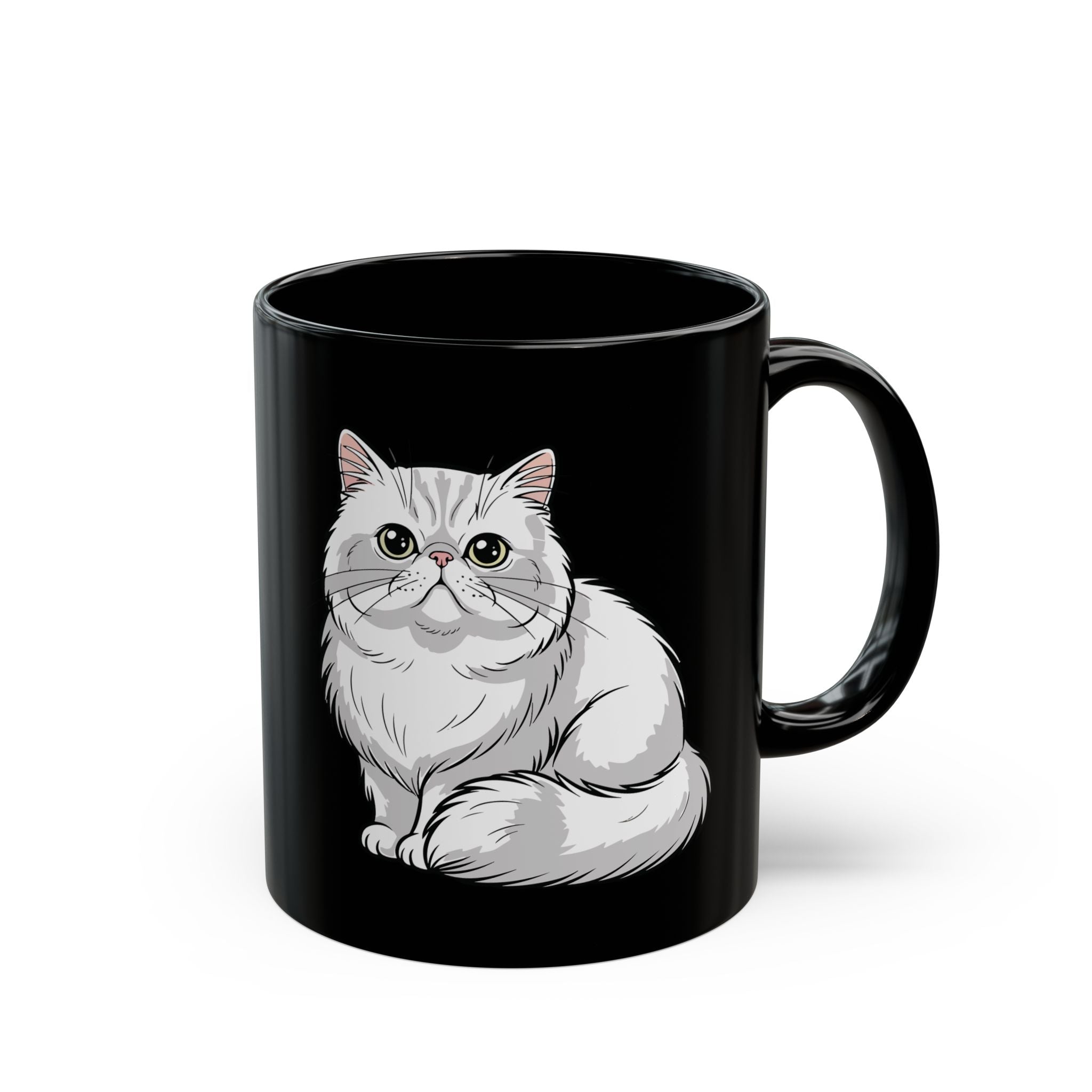 Personalised Persian cat black mug with custom name - white fluffy Persian illustration front view