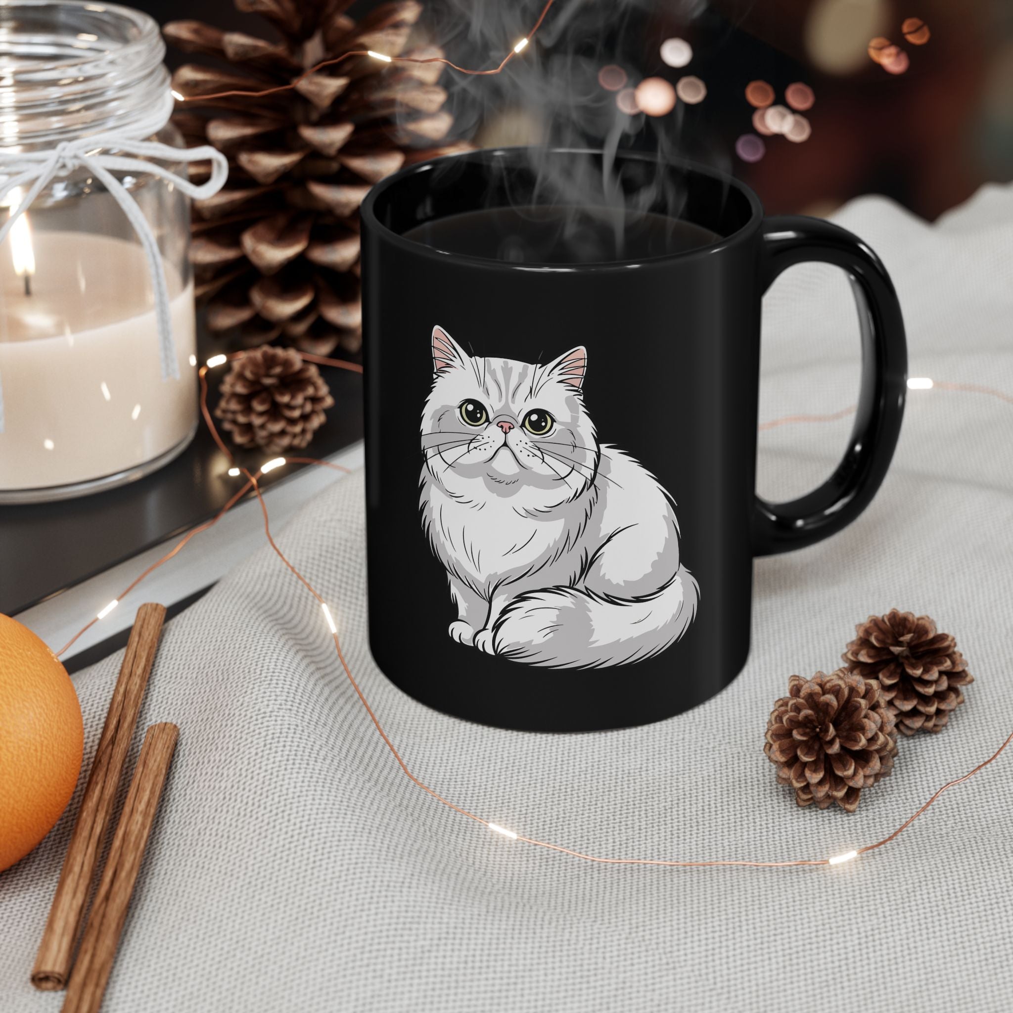 Persian cat black mug in cosy setting - lifestyle photo