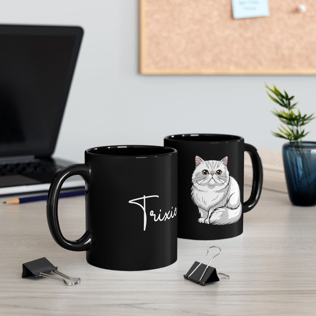 Personalised Persian cat black mug on desk - lifestyle photo