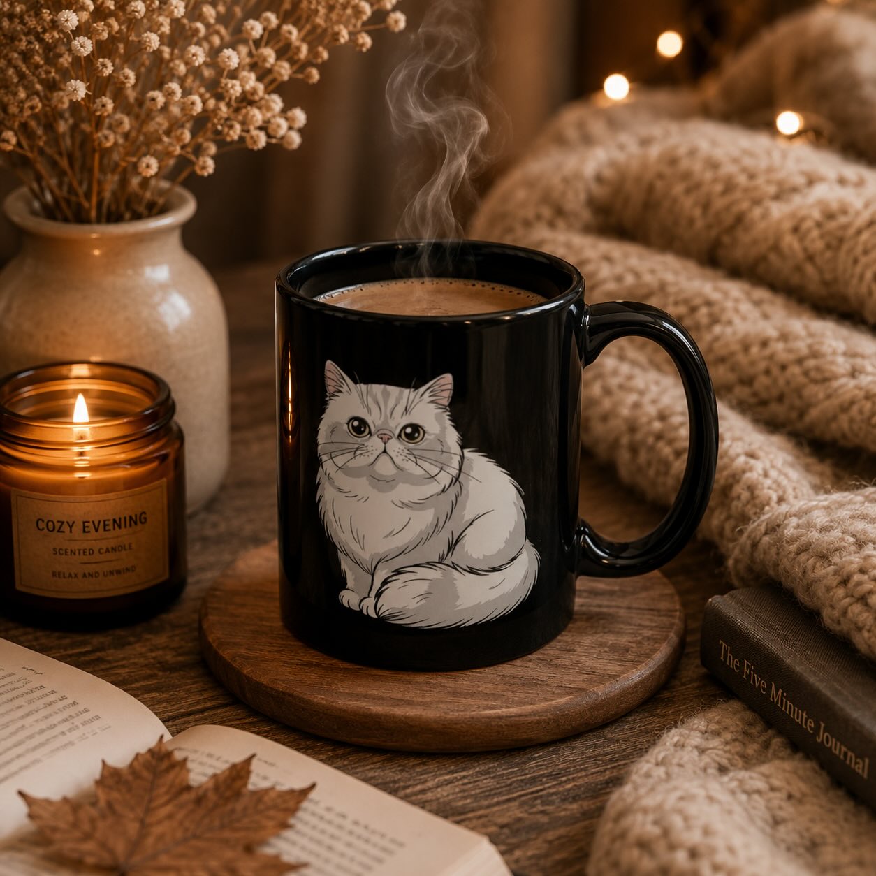 Persian cat black mug styled with candle, dried flowers, and cozy knit blanket