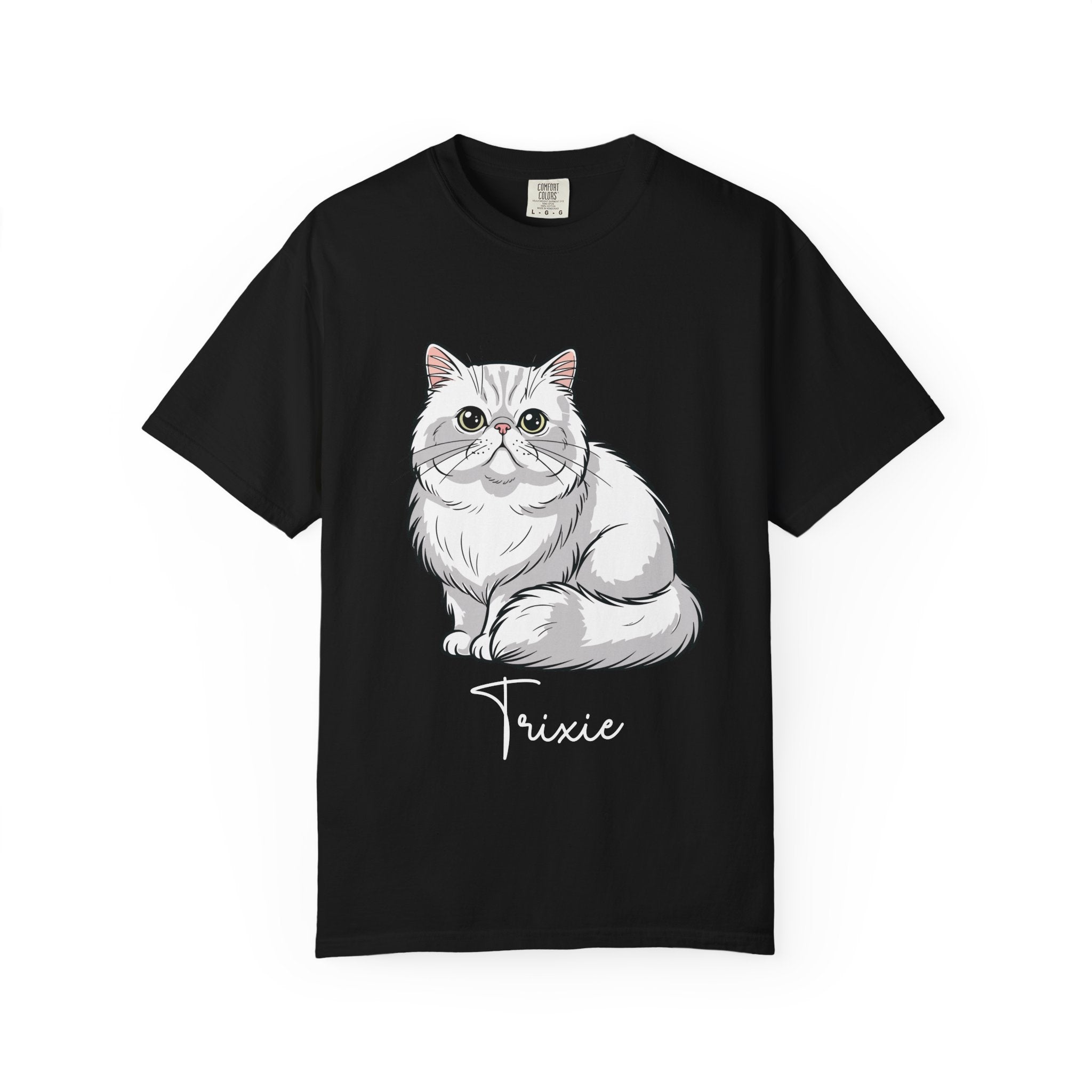Personalised Persian cat T-shirt with custom name - white fluffy cat illustration front view