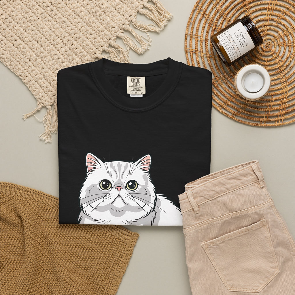 Woman wearing personalised Persian cat T-shirt - lifestyle photo
