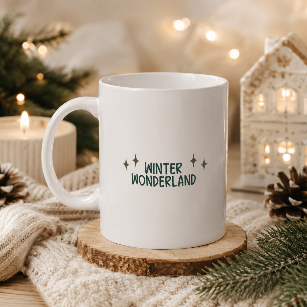 Personalised Christmas mug styled on a table with holiday decor