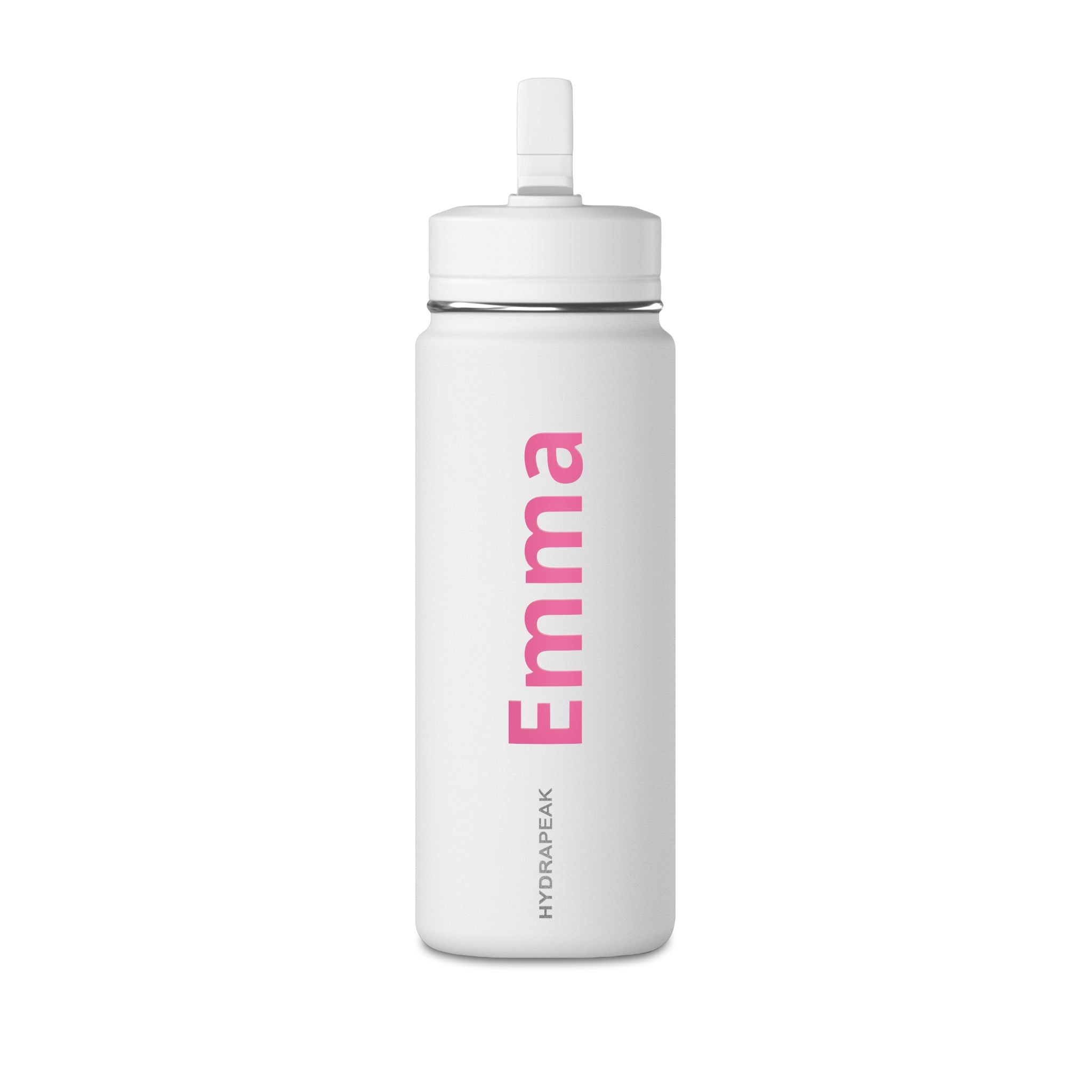 Personalised kids water bottle with custom name - white colour front view