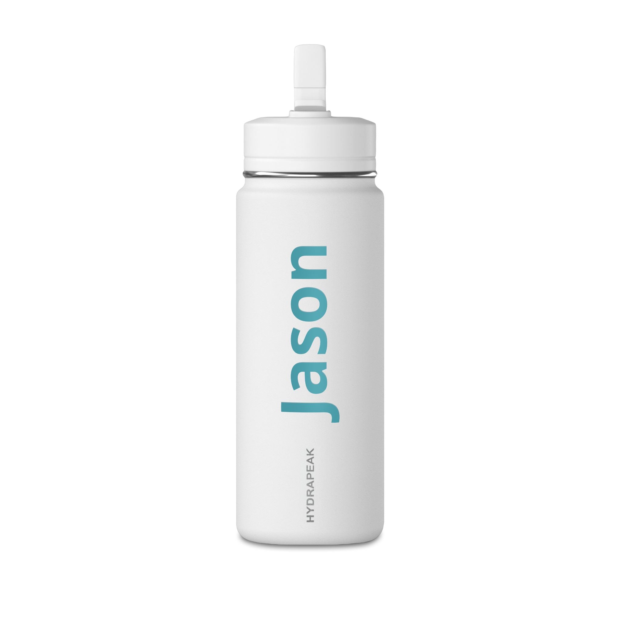 Personalised kids water bottle with custom name - white colour front view