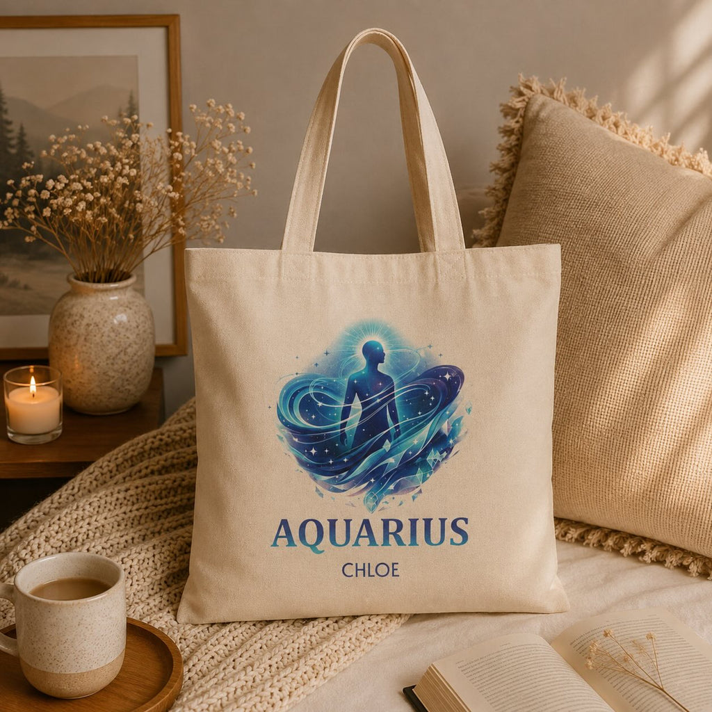 Personalized Aquarius zodiac tote bag styled on a tabletop with home decor