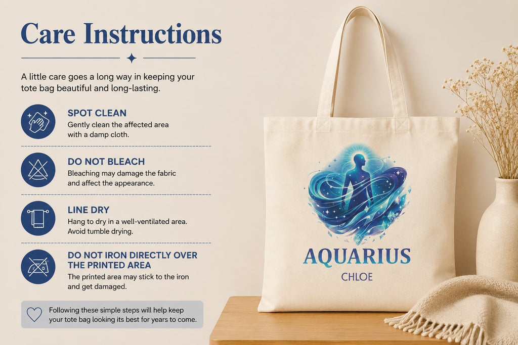 Model wearing the personalized Aquarius zodiac tote bag over the shoulder, front view